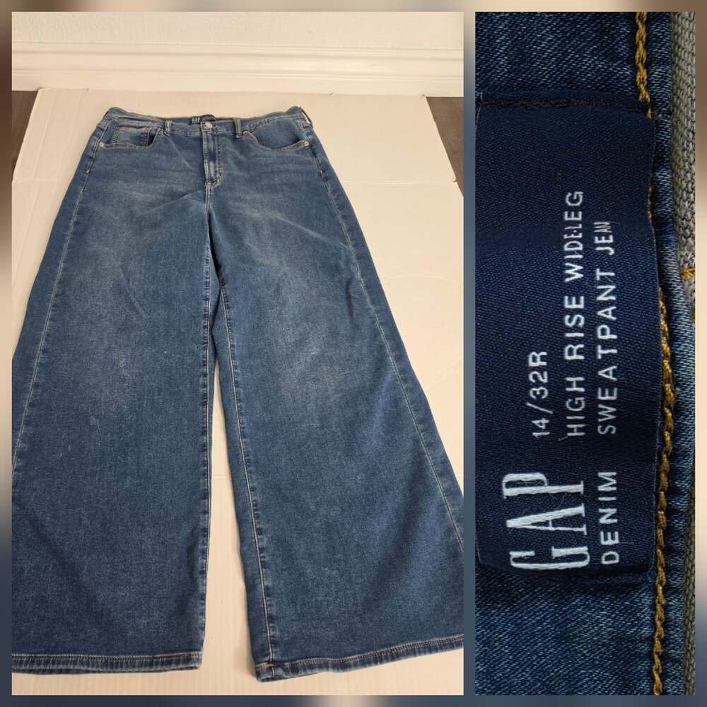 GAP Sweatpant Jeans Womens Sz 32 High Rise Wide Leg Dark Wash Relaxed 14/32R